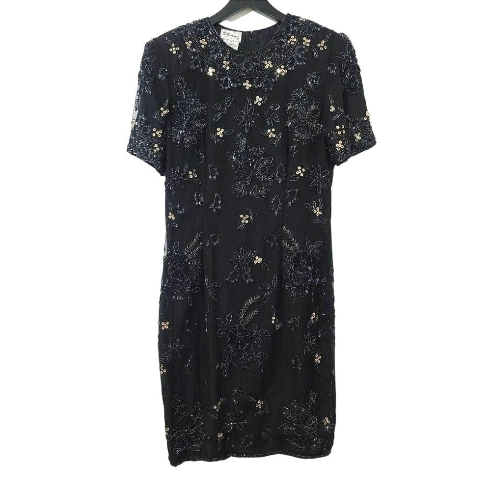 Stenay Vintage Black Silk Beaded Floral Cocktail Dress Gold Sequin Sheath Sz 8